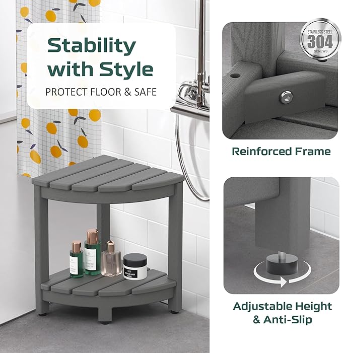 Corner Shower Stool for Inside Shower, HDPE Waterproof Shower Bench Seat Chair, Plastic Bath Shower Stool for Shaving Legs Foot Rest with Storage Shelf, Adjustable & Non-Slip Feet, Grey