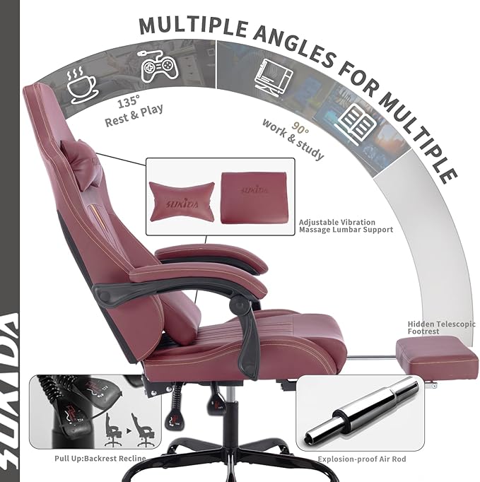 Gaming Chair with Footrest Ergonomic Computer Chair Massage Lumbar Cushion, Racing Video Game Chair Adjustable Rocker Recliner Executive Office Desk Chair Pu Leather for Adults