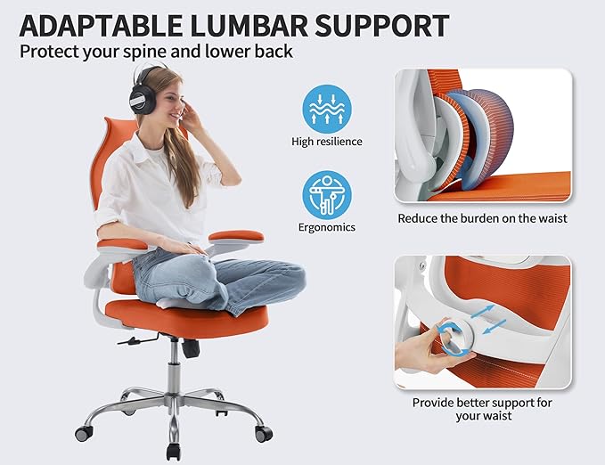 TRALT Ergonomic Office Chair - Desk Chair with Wave High Back Adjustable Lumbar Support Computer Chair - Gaming Chairs Mesh Backrest and PU Leather Seat for Home Reading Chairs to Adults (Orange)