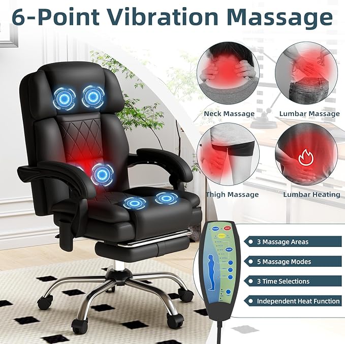 HOMREST 6-Point Massage Office Chair with Heat, Ergonomic Reclining Desk Chair with Footrest, PU Leather Executive Chairs for Home Office, Massaging Computer Chair Gift for Men, Black