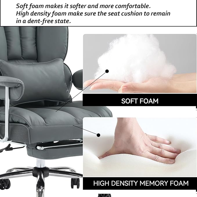 Efomao Big and Tall Office Chair 400lbs – High Back Executive Chair with Swivel Base, PU Leather Upholstery, Lumbar Pillow, Padded Armrests, and Rolling Wheels，Dark Grey Computer Chair