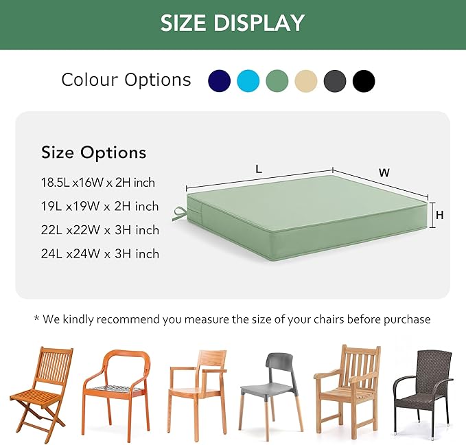 Outdoor Chair Cushions Set of 6: Waterproof & Fade Resistant Deep Seat Cushion for Patio Furniture - 24 x 24 Inch Chair Pad with Ties and Hidden Zipper - Patio Chair Cushion Replacement, Sage Green