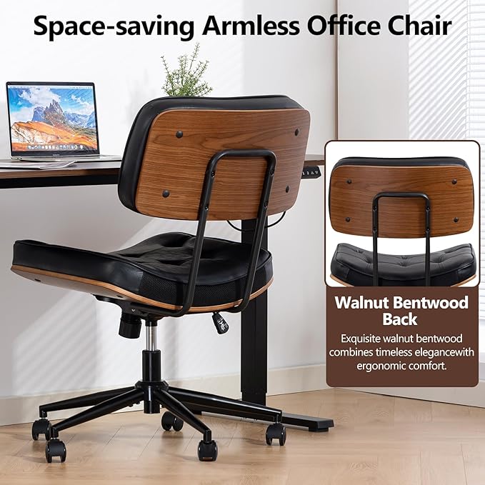 Walnut Armless Modern Office Desk Chair with Wheels, PU Leather Adjustable Height Swivel Rolling Task Chair, Ergonomic Criss Cross Legged Computer Chair(Black)
