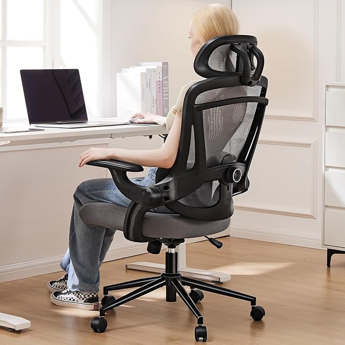 Sweetcrispy Executive Office Ergonomic Desk Chair, 300 LBS Home Mesh Chairs with Wheels, 2D Headrest, Up&Down Lumbar Support, Swivel High Back Computer Chair with Flip-up Armrests,Grey