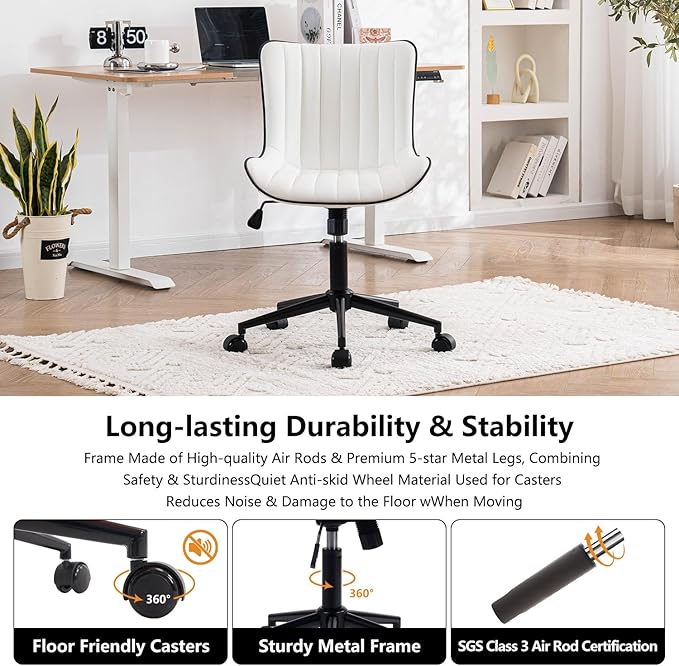 YOUNIKE White Armless Office Chair Faux Leather Small Cute Desk Chair with 12° Rocking Back Adjustable Height Swivel Vanity Chair Ergonomic Compact Home Computer Rolling Task Chair for Small Spaces