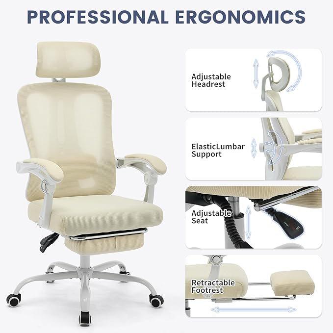 Ergonomic Office Chair,Swivel Task Chair with Adjustable Lumbar Support,Home Office Chair with Footrest,Mesh High Back Gaming Chair Off White