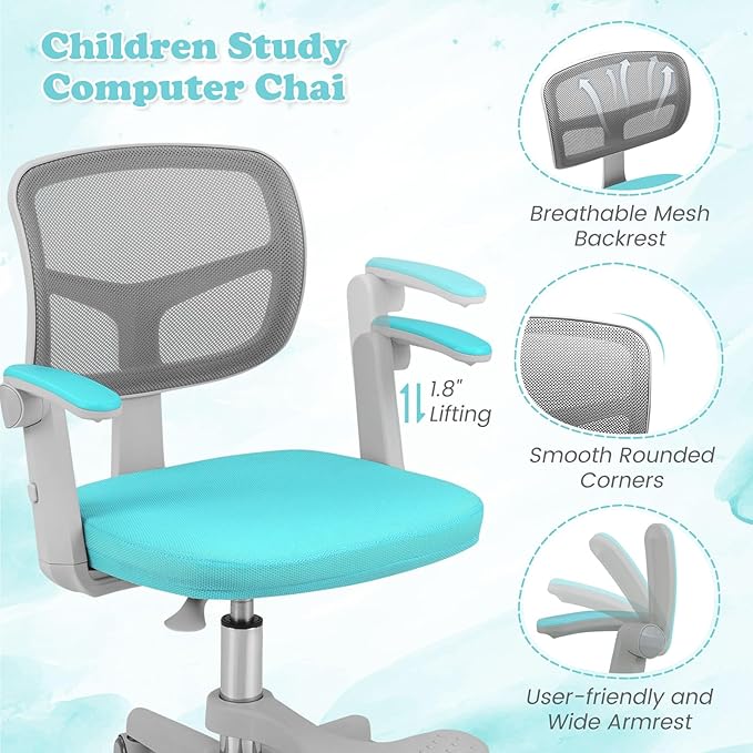 Giantex Kids Desk Chair, Ergonomic Adjustable Student Rolling Chair with Footrest & Flip-up Armrest, Mesh Children Office Chair with Universal Wheels, Kids Computer Chair for Boys & Girls, Turquoise