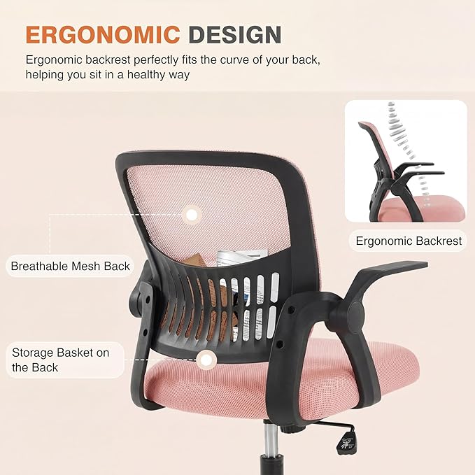 Sweetcrispy Home Office Managerial Executive Chair, Flip Up Armrest Ergonomic Mesh Adjustable Swivel Mid-Back Computer Desk Chair with Comfortable Lumbar Support, Comfy Arms for Bedroom,Blak&Pink