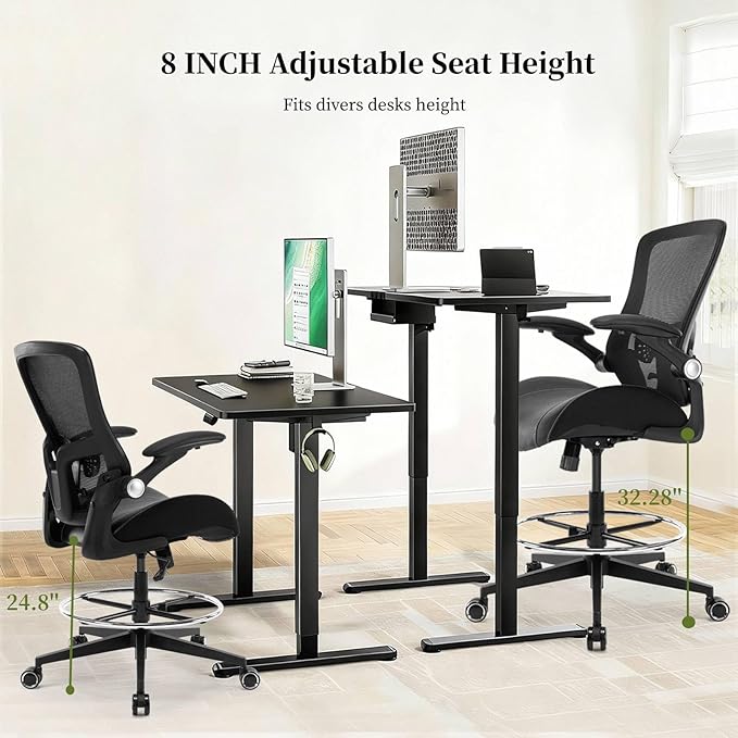 Drafting Chair, Tall Office Chair with PU Leather Seat, Standing Desk Chair Counter Height Office Chairs with 21.65'' Footrest Ring and Adjustable Lumbar Support Armrests Black
