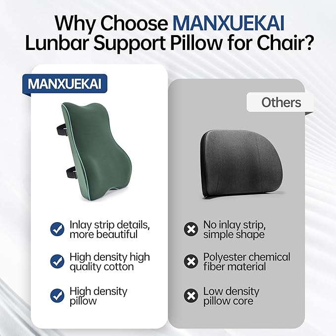 Lumbar Support Pillow for Office Chair Car Seat Gaming Chair, Memory Foam Back Support Pillow, Lumbar Cushion Back Cushion for Lower Back Pain Relief, Adjustable Strap Washable Cover-Dark Green
