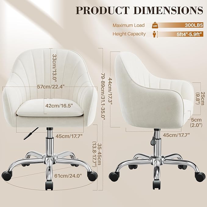 Vanity Chair with Wheels, Comfy Home Office Desk Chairs Adjustable Modern Velvet Makeup Vanity Chairs for Bedroom Living Room-Beige