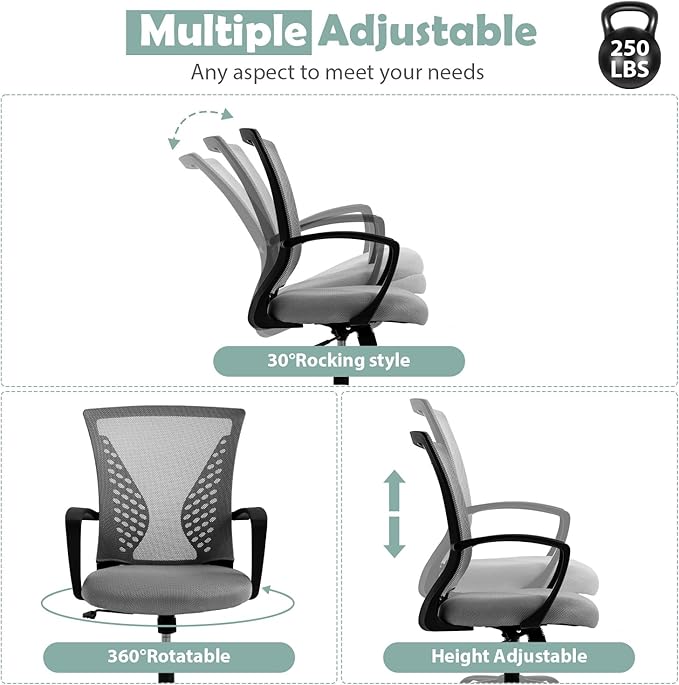 Mid Back Office Chair with Lumbar Support - Breathable Mesh Computer Chair for Desk, Ergonomic Adjustable Swivel Chair with Arms, Home & Office Use, Fits Small Spaces (Grey)