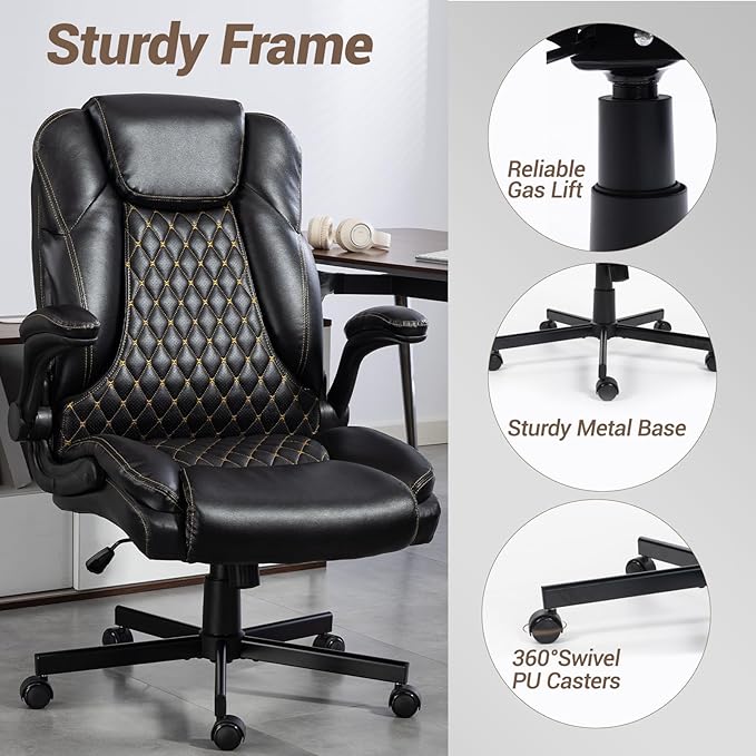 Executive Office Chair Big and Tall 400LBS - Ergonomic Comfy Heavy Duty Extra Wide Seat Home Office Desk Chair w/Flip Arm Rest, Rocking Function, Lumbar Support, Black