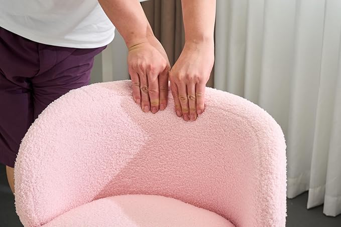 VINGLI Cute Small Swivel Desk Chair Comfy no Wheels,Ergonomic Low-Back Lumbar Support Vanity Nail Tech Computer Task Stool Girls Women Kids Chair for Home Office,Height Adjustable,Teddy Fleece,Pink