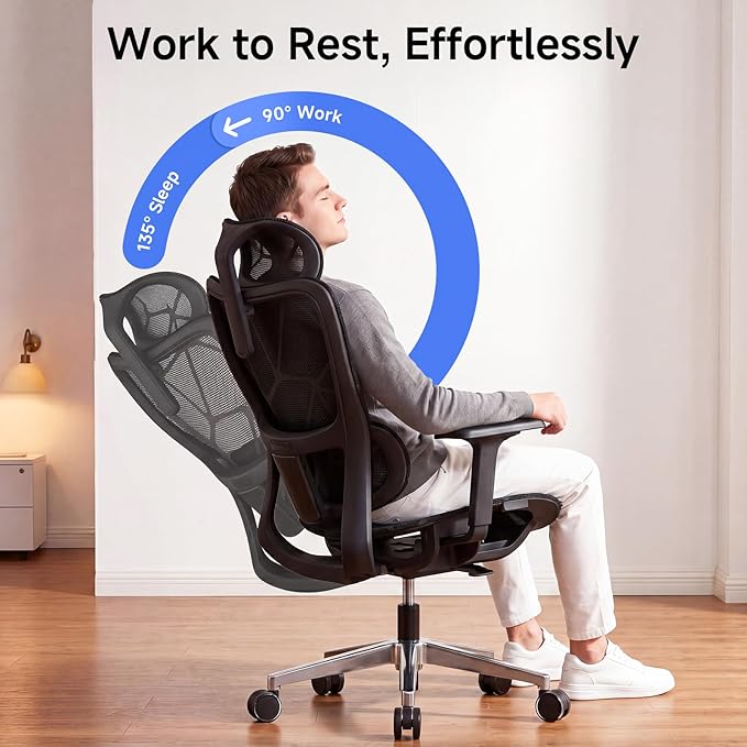 Ergonomic Office Chair with Dynamic Lumbar Support, High Back Mesh Chair with 4D Armrests & Headrest, 90°-135° Reclining Desk Chair, 380LBS Heavy Duty Computer Chair for Home Office (Black)