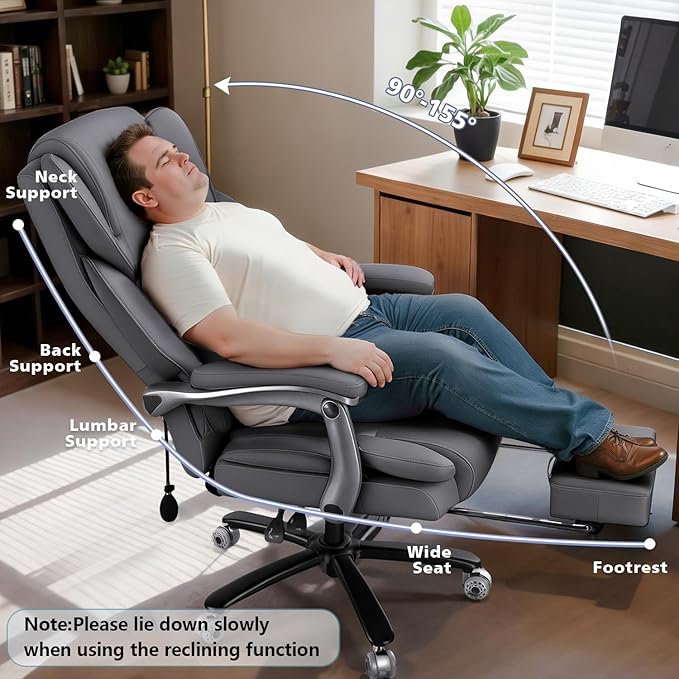 WAILOR 600lbs Big and Tall Office Chair for Heavy People,Heavy Duty Comfy Executive Office Desk Chair with Adjustable Lumbar Support,High Back Reclining PU Leather Computer Chair (Classic, Grey)