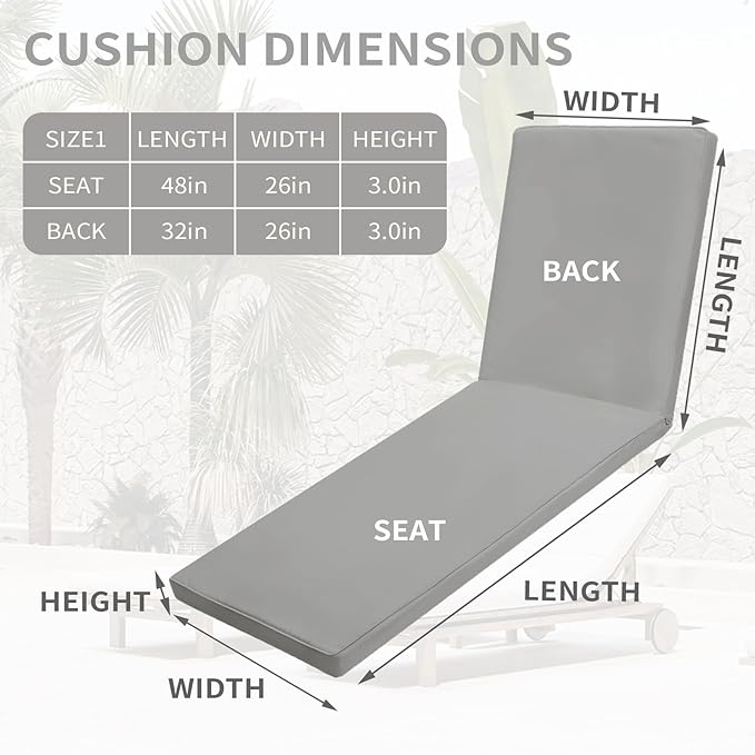 Outdoor Chaise Lounge Cushions for Patio, Lounge Chair Cushions, Waterproof Replacement Seat Pads for Outdoor Furniture (1, Grey, 80"x26"x3")