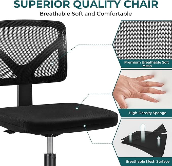DUMOS Armless Office Chairs with Wheels, Ergonomic Adjustable Home Desk Swivel Rolling Task Chair No Arms, Comfy Mesh Mid Back Computer Work Vanity Desk Chairs for Small Spaces, New Black