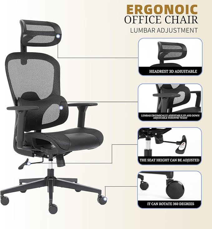 Ergonomic Mesh Office Chair with Lumbar Support - Adjustable Seat Height, Flip-Up Arms Breathable Mesh Desk Chair for Home Office, Work & Gaming (Black)