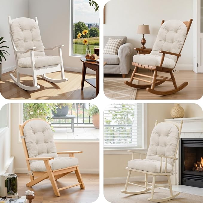 Rocking Chair Cushion - Velvet Fabric, High-Density Sponge, Durable Comfort Non-Slip Bottom Tufted Seat Pads with Ties, Velvet︱Oyster White, 44x19x4 inch