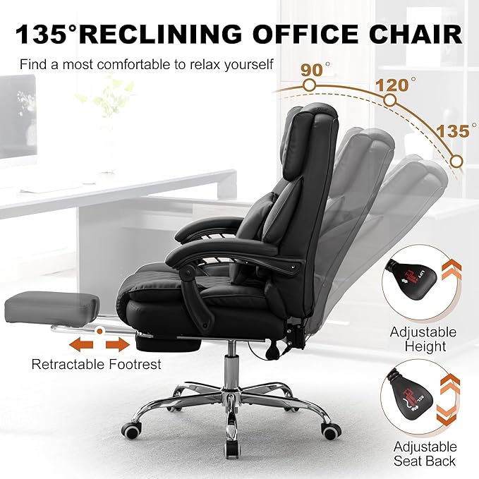 Kneading Massage Office Chair with Heated,90-135° Reclining Executive Office Chair with Footrest,Computer Desk Chair with Wheels,Diamond-Stitched Cushion Leather Office Chair (Black)