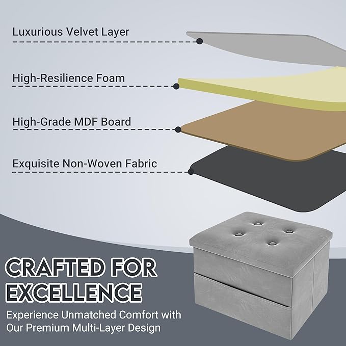 ZOES HOMEWARE Small Storage Ottoman Foot Rest, Velvet Ottoman with Storage and Side Pocket, Pink Foot Rest for Couch, Foldable Footstool Ottoman for Chair,Living Room&Dorm, 16"x12"x12" Grey