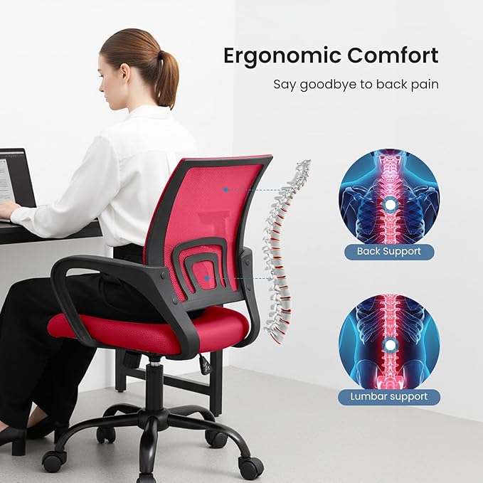 OLIXIS Office Desk Chair - Ergonomic Mid Back with Lumbar Support & Rocking Mode, Height Adjustable with Fixed Armrest, for Home, Computer, Gaming, Conference, Meeting Room, 360° Swivel, Red, 2 Pack