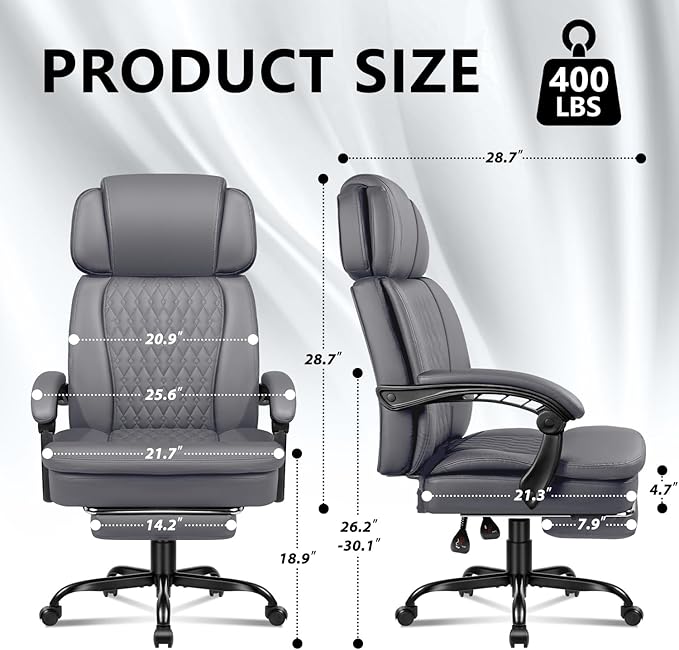 Office Chair with Foot Rest 400lbs, Heavy Duty Executive Leather Office Chair for Heavy People,Big and Tall High Back Ergonomic Comfy Office Desk Chair with Lumbar Support,Grey