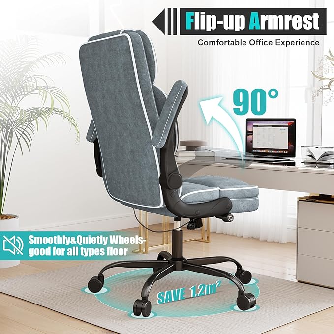 Big and Tall Office Chair with Adjustable Lumbar Support,Breathable Fabric High Back Desk Computer Chair with Adjustable Flip-up Armrests,Ergonomic Swivel PC Chair with Rocking Function