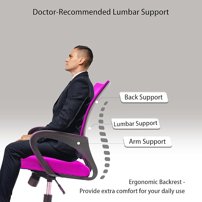 Ergonomic Office Computer Desk Chair, Mid-Back Mesh Rolling Work Swivel Task Chairs with Wheels, Comfortable Lumbar, PVC Base, Pink