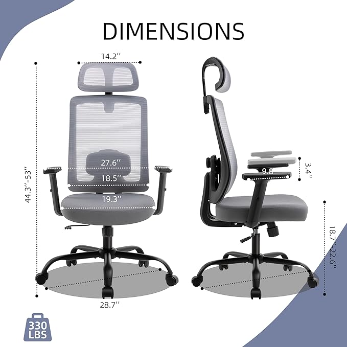 Ergonomic Mesh Office Chair with Headrest, Comfortable Desk Chair for Long Sitting, Breathable Computer Chair with Flip-Up Arms, Adjustable Swivel Chair for Home Office Work Study, Grey