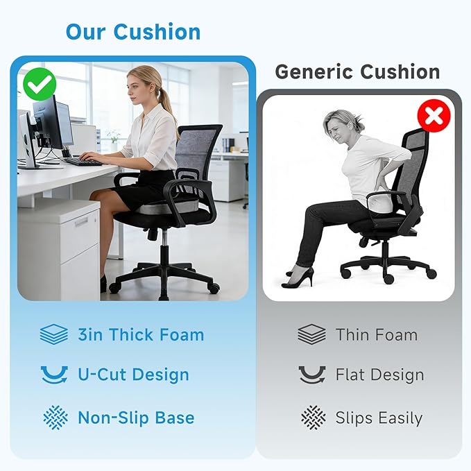 Seat Cushion for Office Chair, Ergonomic Memory Foam Office Chair Cushion with U-Shaped Coccyx Support, Non-Slip Base, Washable Cover