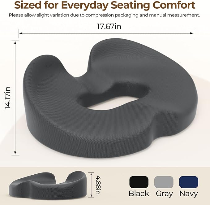 TushGuard Ergonomic Donut Pillow Seat Cushion with Raised Rear Support, Large Memory Foam Cushion for Tailbone, Hemorrhoids & Sciatica Relief, Office Chair, Car, Travel, Postpartum, Grey
