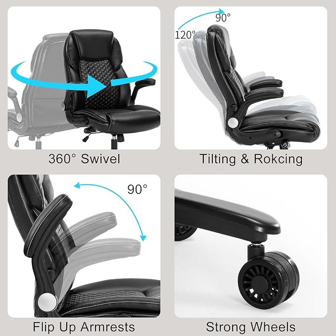 Big and Tall Ergonomic Office Chair, Executive Office Chair with Flip-up Arms, PU Leather Computer Desk Chair, Adjustable Lumbar Support Heavy Duty Space Saving Task Chair