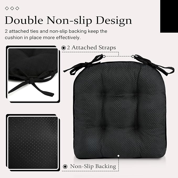 Wellsin Chair Cushions for Dining Chairs, Non-Slip Kitchen Chair Pads with Ties, Tufted Shredded Foam Kitchen Chair Cushions Set of 2, 15.5" X 15.5", Black