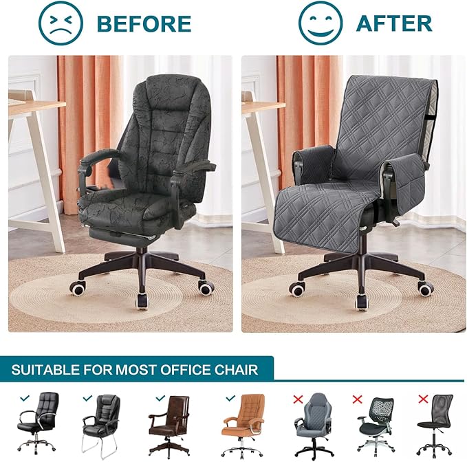 Turquoize Waterproof Office Chair Cover with Armrest Covers Gray Computer Desk Chair Cover Protector with Arms Soft Durable Office Chair Seat Slipcover with Anti-Slip Buckle for Home Office, Gray