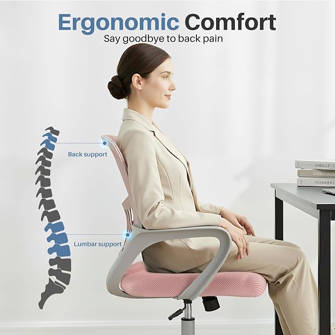 DUMOS Home Office Computer Chair - Ergonomic Mid Back Desk with Lumbar Support and Rocking Mode, Height Adjustable with Fixed Armrest, for Conference Meeting Room, 360° Swivel, Adults, Pink