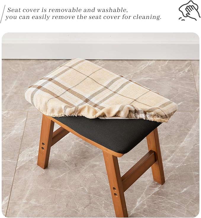 Kitsanery Foot Stool,Ottoman,Bamboo Small Sofa Foot Rest Under Desk,Extra Seating for Living Room, Bedroom and Kitchen (Brown Stool Legs - Stripes Surface)