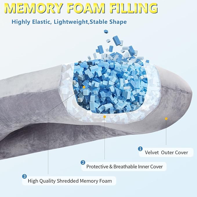 Shredded Memory Foam Body Pillow, Pregnancy Pillows for Sleeping, Maternity Pillow for Pregnant Women, Memory Foam Filling U Shaped Body Pillow with Velvet Cover (Black, 60 inch)