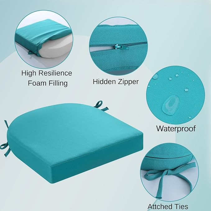 idee-home Outdoor Chair Cushions Set of 2, Thick 19" x 19" x 2" Outdoor Seat Cushions Patio Furniture Waterproof with Ties, Dining Pads