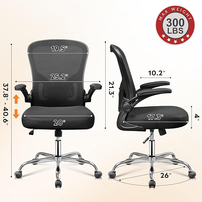 DEVAISE Office Chair, Ergonomic Computer Desk Chair with Flip-up Armrests, Comfy Mesh with Adjustable Lumbar Support, Black