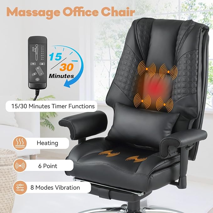 Massage Office Chair with Foot Rest, Ergonomic Executive Heated Office Chair with Reclining Backrest, Adjustable Arms and Lumbar Support, High Back Leather Desk Chairs for Home Office, Black