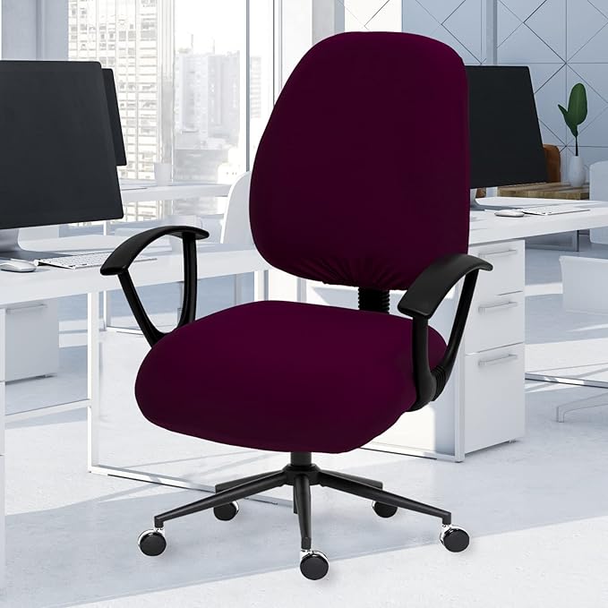 Stretchable Desk Office Chair Seat Covers - Universal Spandex Computer Chair Slipcover - Removable Washable Rotating Backrest Coverings & Cushion Protectors for Dogs, Cats, Pets, Plum