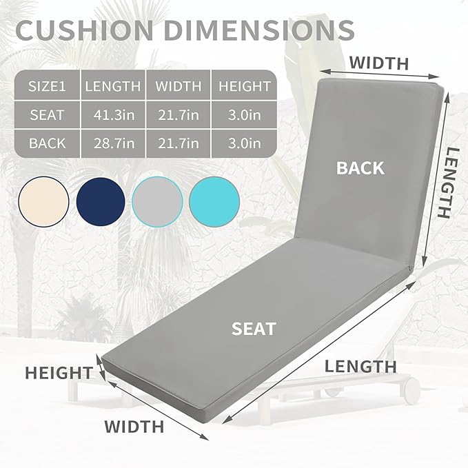 Outdoor Chaise Lounge Cushions for Patio, 72"x22"x3" Lounge Chair Cushions Set of 2, Waterproof Replacement Seat Cushions for Outdoor Furniture