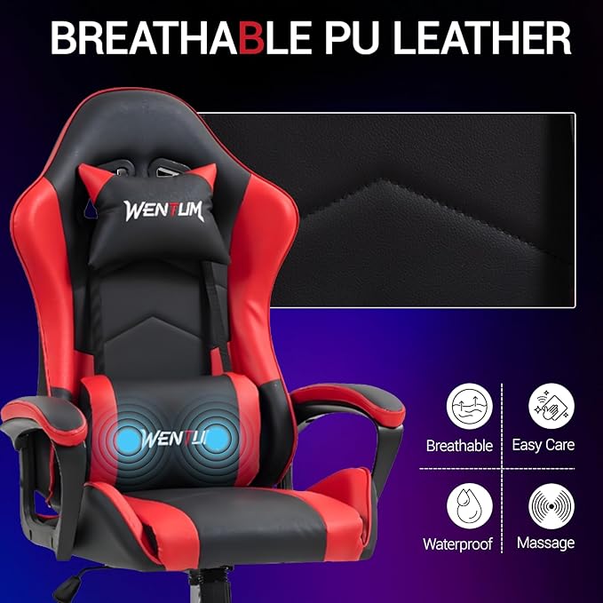 Gaming Chair PU Leather Massage PC Video Game Chair with Lumbar Support for Men Women, Home Office, Height Adjustable, Ergonomic, High Back, Red