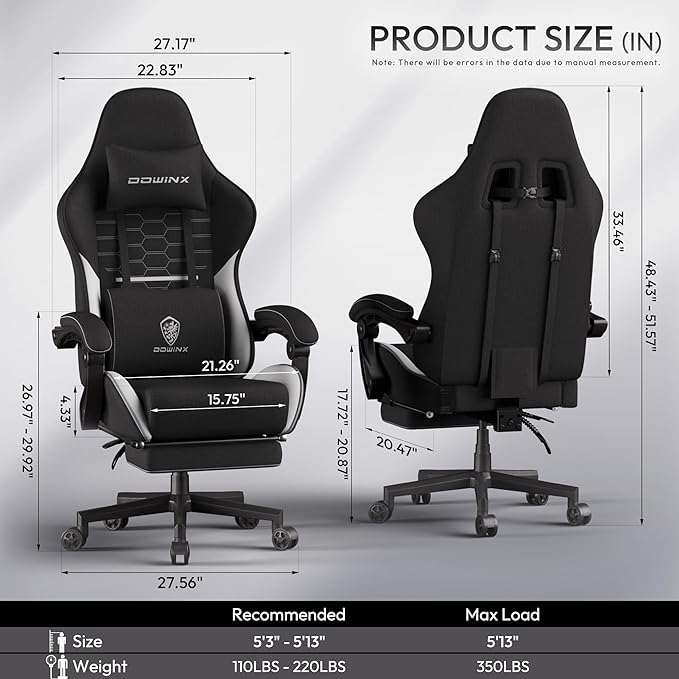 Dowinx Gaming Chair Fabric Big and Tall with Pocket Spring Cushion, Massage Game Chair Cloth with Headrest, Ergonomic Computer Chair with Footrest 350LBS, Black White