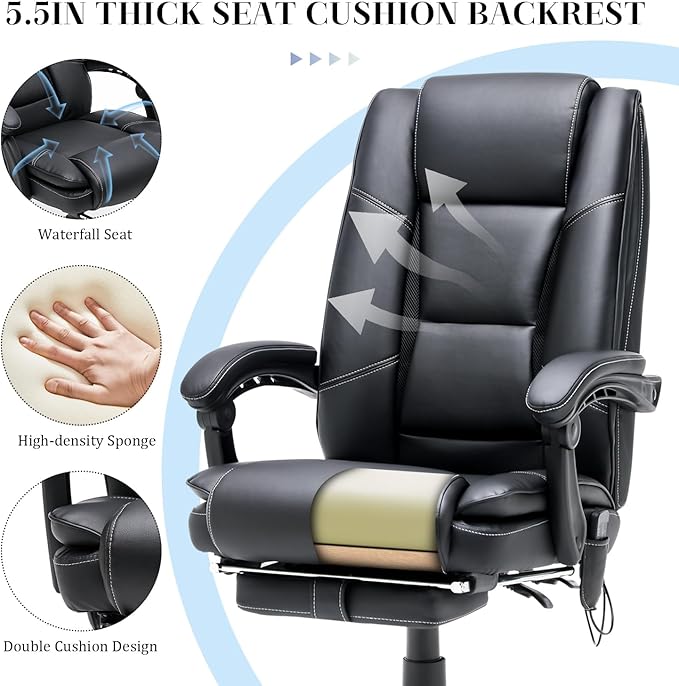HOMREST Executive Office Chair with Heat and Massage, High-Back PU Leather Ergonomic Desk Chair with Retractable Footrest and Link Armrests, Reclining Computer Chair for Home Office (Black)