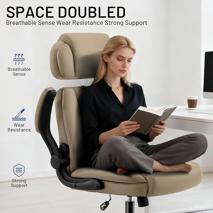 AreShark Ergonomic Office Chair with Lumbar Support, 400lbs Heavy Duty Big and Tall Executive Desk Chair, PU Leather High Back Computer Chair with Flip-Up Arms & Adjustable Headrest, Khaki