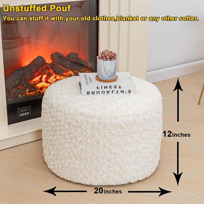 Poofieotto Unstuffed Pouf Ottoman Cover Handmade Footstool Ottoman Storage Solution Floor Pouf Footrest Cushion 20x12 Inches for Living Room Wedding Ivory