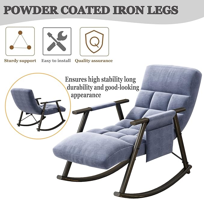Folding Rocking Chair Nursery with Armrests, Upholstered Lounge Chair Indoor with Side Pocket, Adjustable High Back & Footrest, Glider Rocking Chair for Living Room, Bedroom, Balcony (Velvet, Blue)